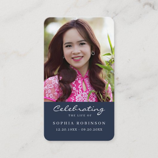 Celebration of Life Photo Funeral Blue Prayer Card Visitekaartje (Voorkant)