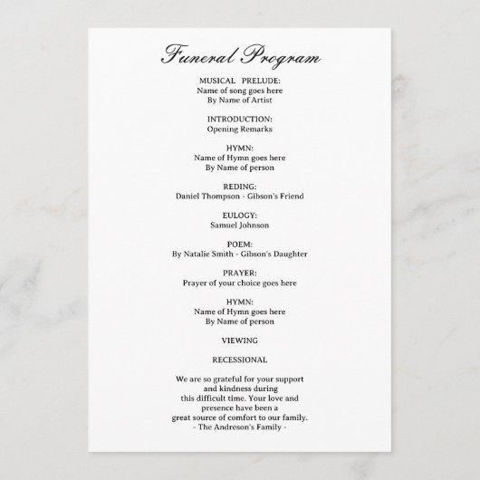 Celebration of Life Programs – Forever In Our Hear Programmakaart (Achterkant)