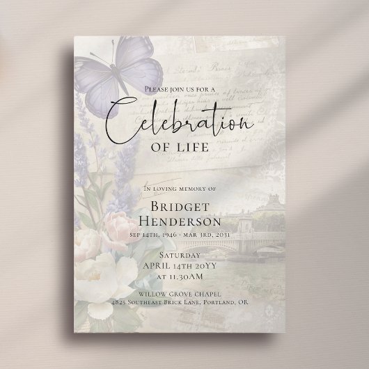 Celebration of Life Purple Butterfly Peony Funeral Kaart