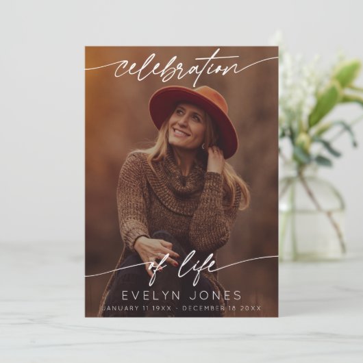 Celebration of Life Script Funeral Photo | Black Bedankkaart (Staand voorkant)