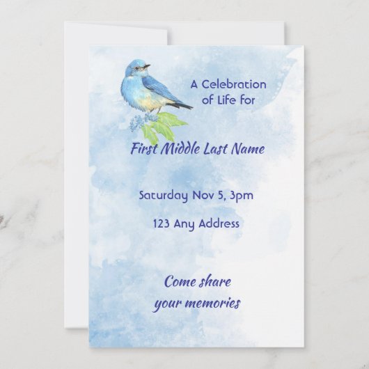 Celebration of Life Service Bluebird Garden Bird  Kaart (Achterkant)