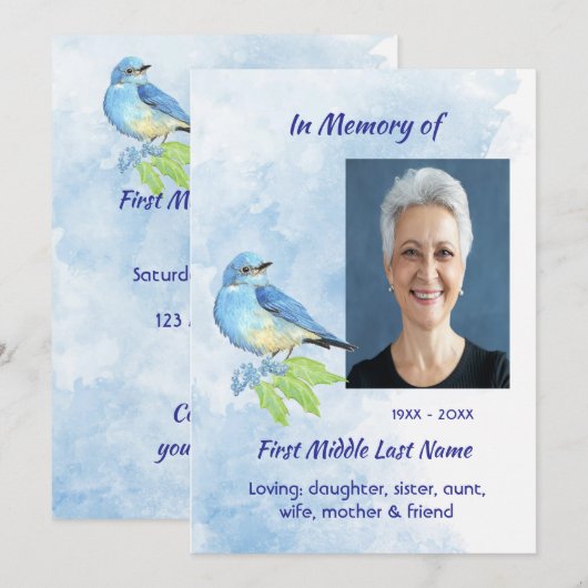 Celebration of Life Service Bluebird Garden Bird  Kaart (Voorkant / Achterkant)