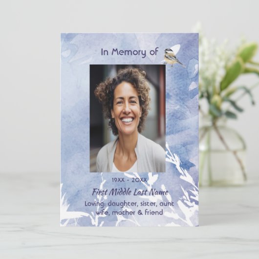 Celebration of Life Service Chickadee Bird Winter  Kaart (Staand voorkant)
