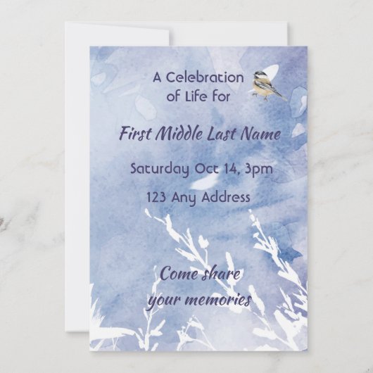 Celebration of Life Service Chickadee Bird Winter  Kaart (Achterkant)