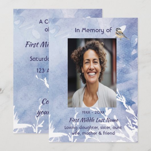 Celebration of Life Service Chickadee Bird Winter  Kaart (Voorkant / Achterkant)