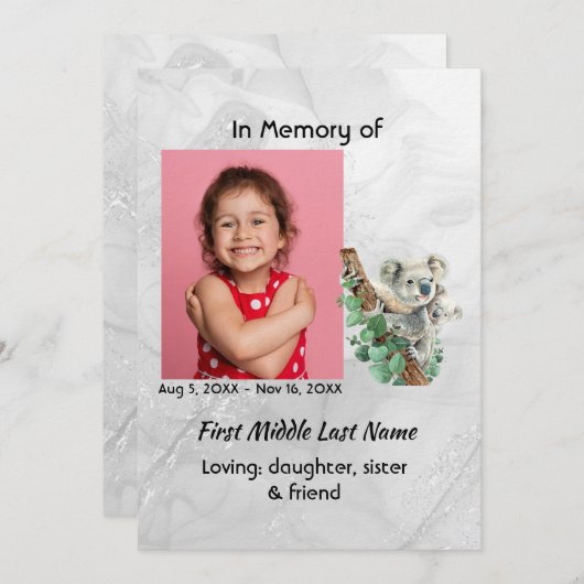 Celebration of Life Service Cute Koala Bear Kids Kaart (Voorkant / Achterkant)