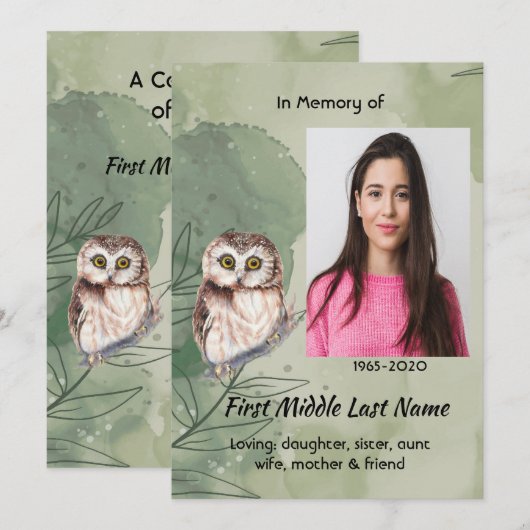 Celebration of Life Service Cute Owl Bird Save The Date (Voorkant / Achterkant)