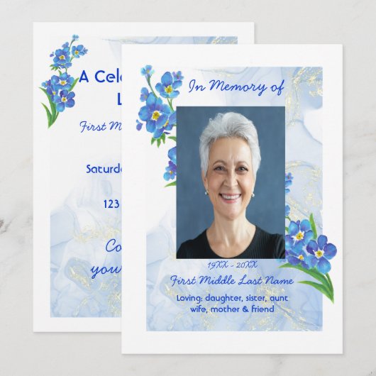 Celebration of Life Service Forget me Not" Flowers Kaart (Voorkant / Achterkant)