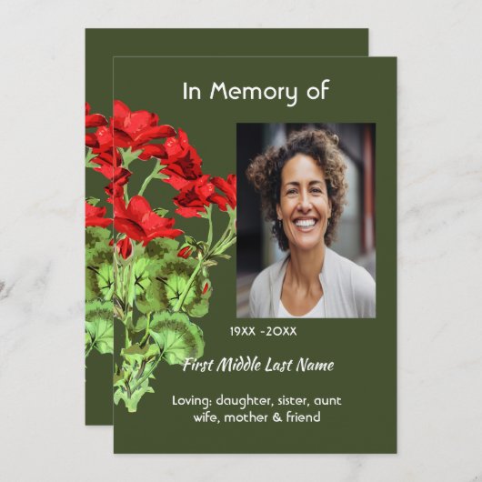 Celebration of Life Service Geranium Flower Kaart (Voorkant / Achterkant)