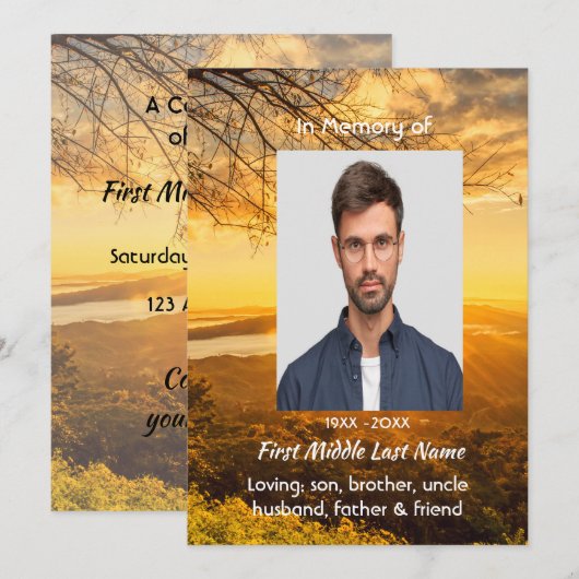 Celebration of Life Service Invite Golden Sunrise  Kaart (Voorkant / Achterkant)