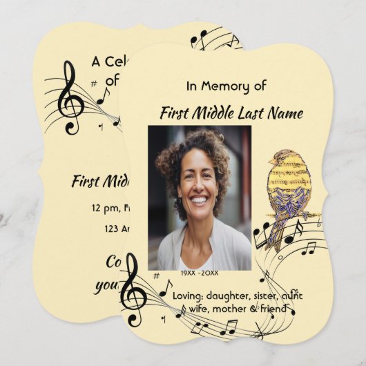 Celebration of Life Service Invite Music Bird Kaart (Voorkant / Achterkant)