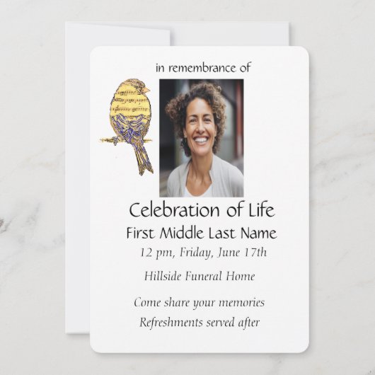 Celebration of Life Service Nodig Muziek Song Bird Kaart (Achterkant)