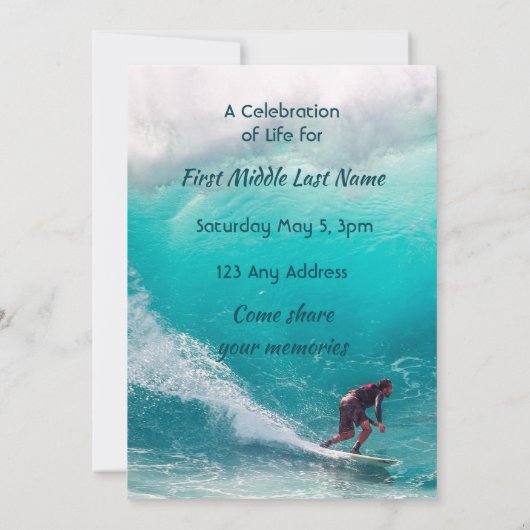 Celebration of Life Service  Wave Surfer Water Kaart (Achterkant)