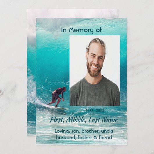 Celebration of Life Service Wave Surfer Water Kaart (Voorkant / Achterkant)