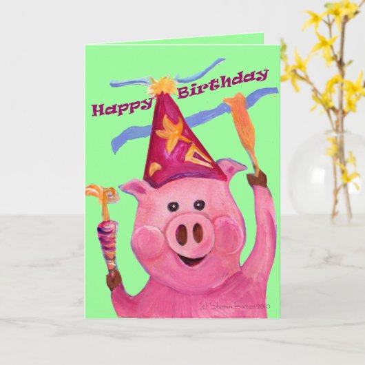 Celebration Pig Birthday Kaart (Gele Bloem)