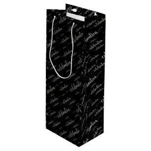 Celebration Script Zilveren Patroon op zwart Wijn Cadeautas