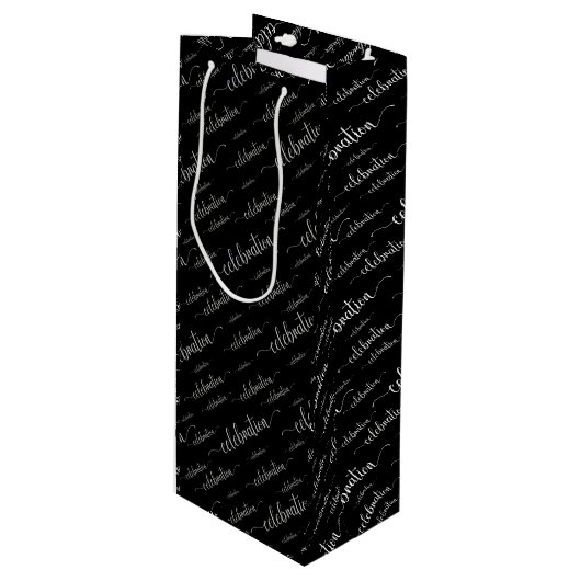 Celebration Script Zilveren Patroon op zwart Wijn Cadeautas (Voorkant Gekanteld)