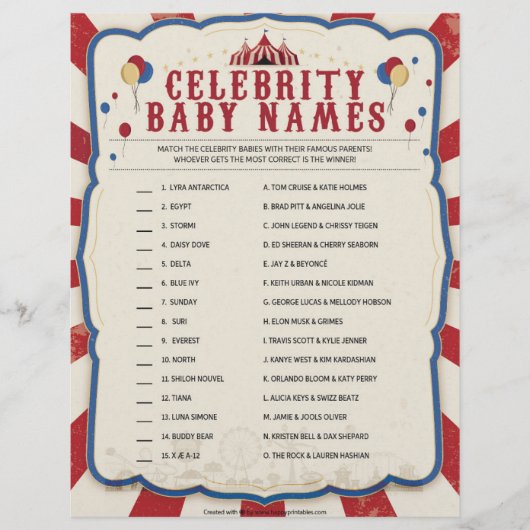 Celebrity Baby Names [Circus Theme] Briefhoofd (Voorkant)