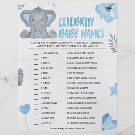 Celebrity Baby Names [Elephant [blauw] Baby Briefhoofd (Voorkant)