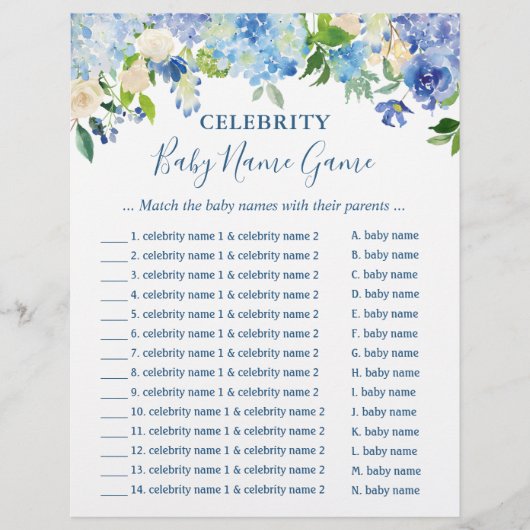 Celebrity Baby Names Game Blue Hydrangea Floral (Voorkant)