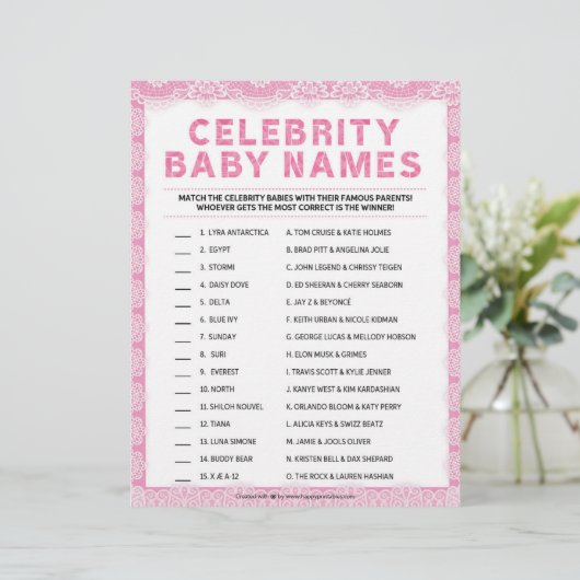 Celebrity Baby Names [Luxe kant [Roze]] Briefhoofd (Staand voorkant)