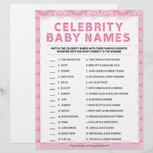 Celebrity Baby Names [Luxe kant [Roze]] Briefhoofd (Voorkant / Achterkant)