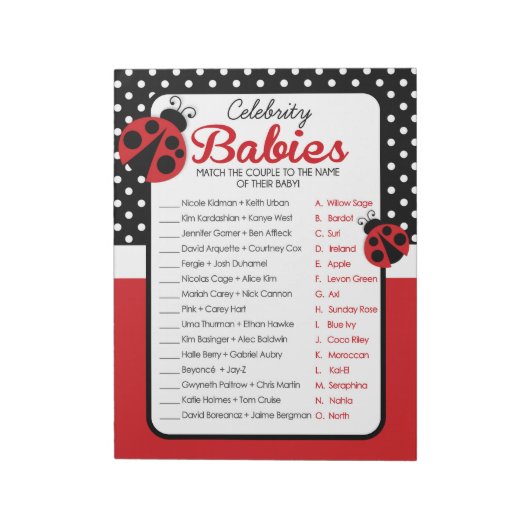 Celebrity Baby's Ladybug Baby shower Game Pack Notitieblok (Linkerzijde)