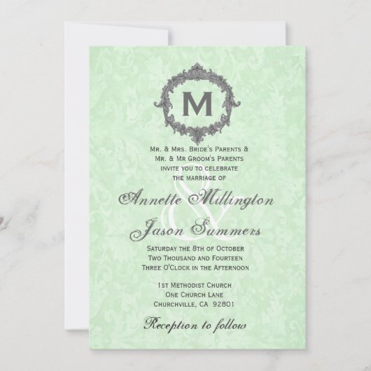 Celery Green Damask Grey  Monogram Wedding Kaart (Voorkant)