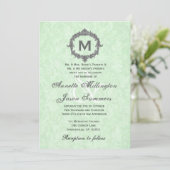 Celery Green Damask Grey  Monogram Wedding Kaart (Staand voorkant)