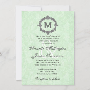 Celery Green Damask Grey  Monogram Wedding Kaart