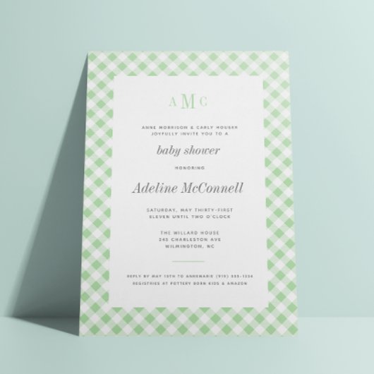 Celery Green Gingham Traditional Baby shower Kaart