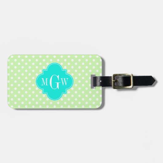 Celery Polka Dot Aqua Quatrefoil 3 Monogram Bagagelabel (Voorkant horizontaal)