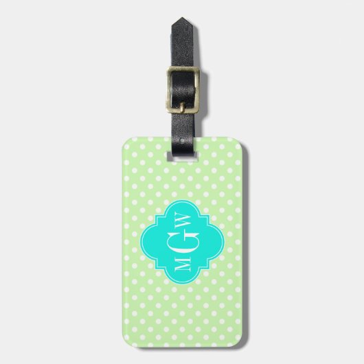 Celery Polka Dot Aqua Quatrefoil 3 Monogram Bagagelabel (Voorkant verticaal)