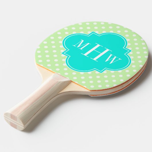 Celery Polka Dot Aqua Quatrefoil 3 Monogram Tafeltennisbatje (Voorkant Gekanteld)
