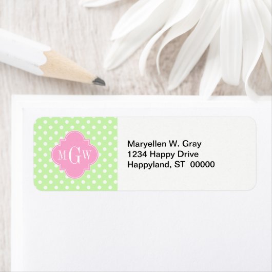 Celery Polka Dot Pink Quatrefoil 3 Monogram Etiket (Insitu)