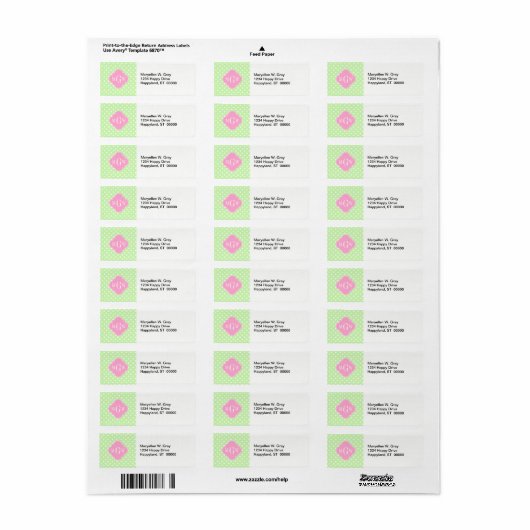 Celery Polka Dot Pink Quatrefoil 3 Monogram Etiket (Full Sheet)