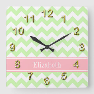 Celery White Chevron Pink Name Monogram Vierkante Klok