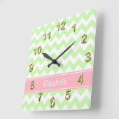 Celery White Chevron Pink Name Monogram Vierkante Klok (Hoek)