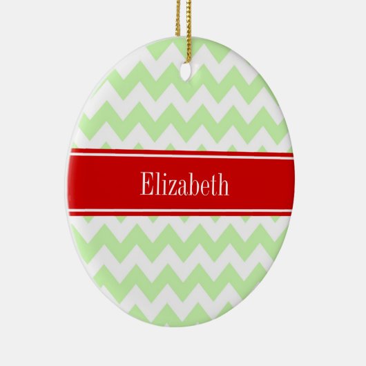 Celery White Chevron ZigZag Red Name Monogram Keramisch Ornament (Rechts)