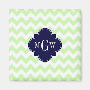 Celery Wht Chevron Navy Blue Quatrefoil 3 Monogram Magneet