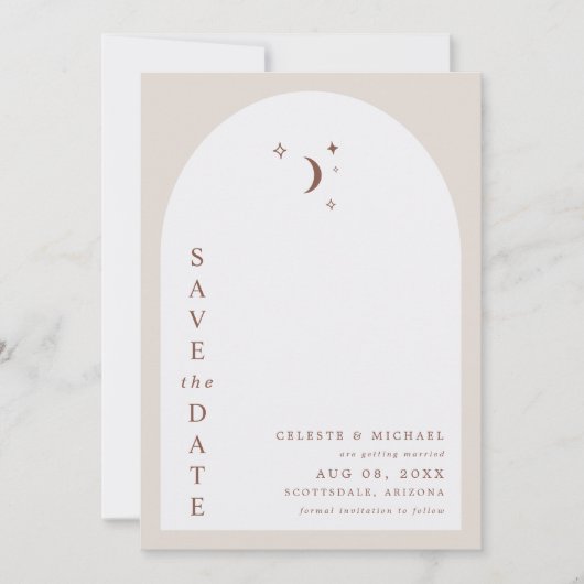 CELESTE Boho Moon & Stars Terracotta Save the Date Kaart (Voorkant)