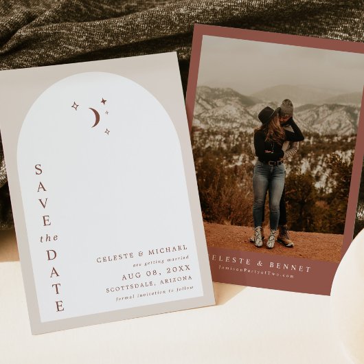 CELESTE Boho Moon & Stars Terracotta Save the Date Kaart
