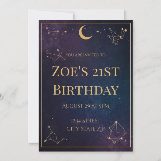 Celestial 21st Birthday Invitation | Gold Stars Kaart (Voorkant)