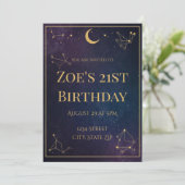 Celestial 21st Birthday Invitation | Gold Stars Kaart (Staand voorkant)