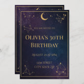 Celestial 30th Birthday Invitation | Navy & Gold Kaart (Voorkant / Achterkant)