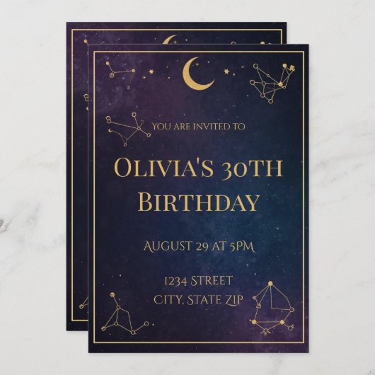 Celestial 30th Birthday Invitation | Navy & Gold Kaart (Voorkant / Achterkant)