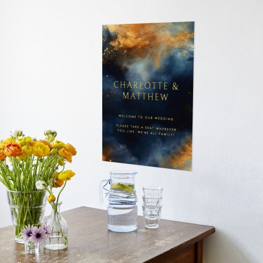 Celestial Abstract Blauw Gouden Bruiloft Welkom Folie Afdrukken (Laag (Keuken))