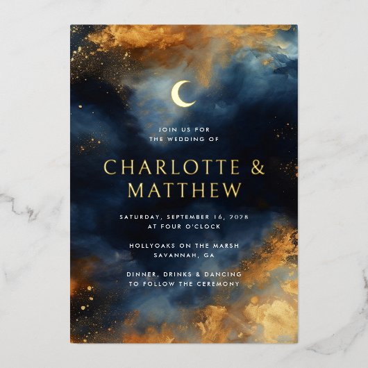 Celestial Abstract Blauw Gouden Maan Bruiloft Folie Uitnodiging (Voorkant)