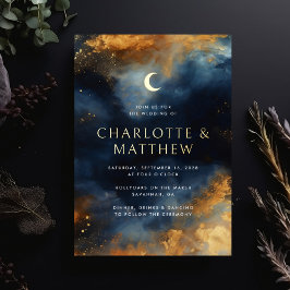 Celestial Abstract Blauw Gouden Maan Bruiloft Folie Uitnodiging