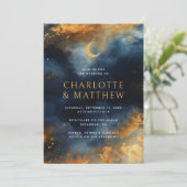 Celestial Abstract Blauw Gouden Maan Bruiloft Kaart (Staand voorkant)